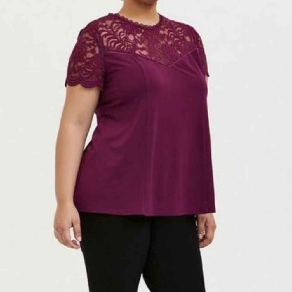 Torrid Burgundy Purple Studio Knit Lace Illusion Short Sleeve Top 1X